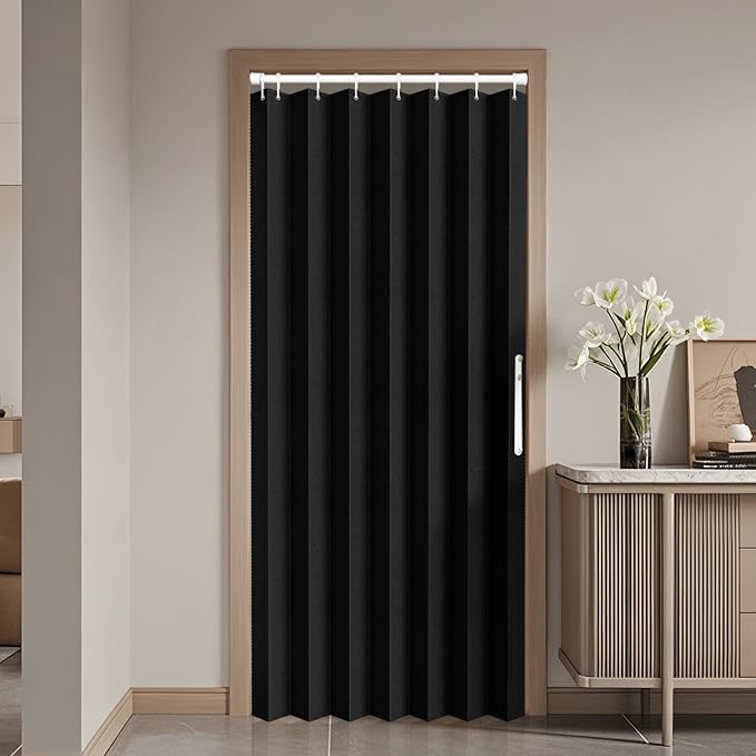 Jilron 100% Blackout Fabric Folding Door Curtain with Magnetic Closure - Accordion Style for Sliding Doors, Closets,Wardrobe and Temporary Door Solutions Doorway Curtains（W42 x L78, Black，1 Panel）