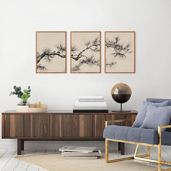 HPNIUB Vintage Sketch Pine Tree Framed Canvas Wall Art Set, Brown Antique Tree Branch Wall Decor, Nature Botanical Art Print, Modern landscape Pictures for Living Room, Office(Set of 3,12X16 Inch)