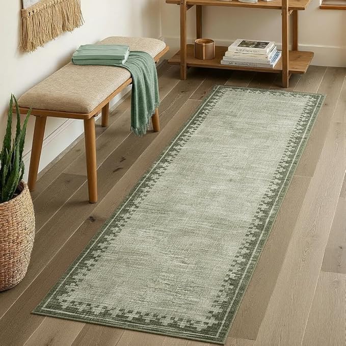 GarveeHome Modern Bordered Runner Rug 2x6 for Hallway Non Slip Low Pile Neutral Kitchen Runner Rugs Washable Bedroom Throw Carpet Geometric Cross Runners Mat for Living Room Nursery Laundry, Green