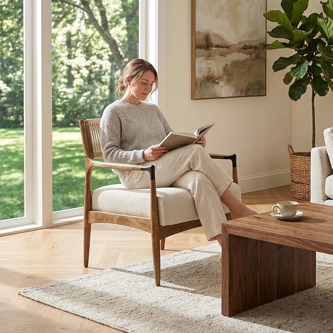 Ya-Home Mid-Century Modern Accent Chairs with Woven Rope Back, Upholstered Linen Fabric Armchairs with Solid Wood Frame for Living Room Bedroom, 2PCS, Beige