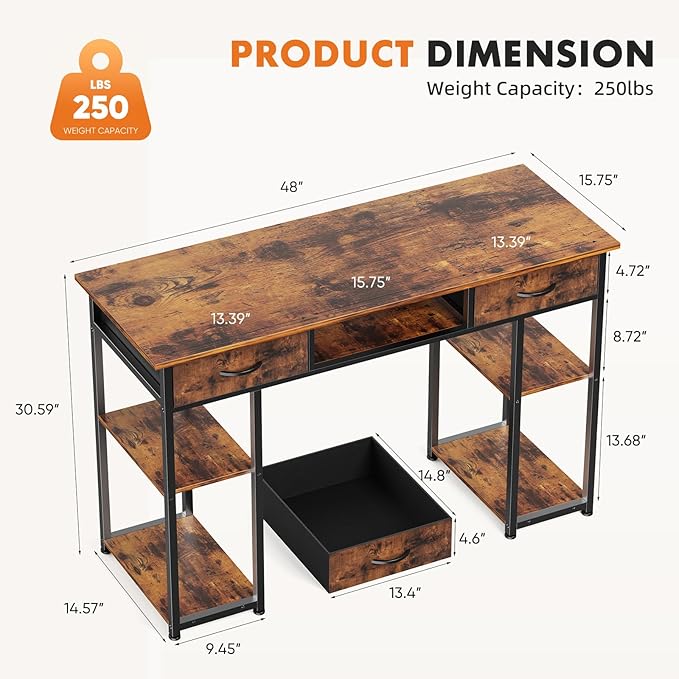 Sweetcrispy Desk with Fabric Drawers, Computer Office 48 Inch Gaming Writing Study 4 Storage Shelves Table for Home Office Bedroom PC Desk, Pure Brown