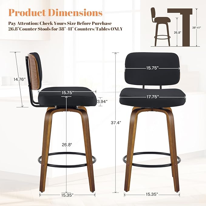 Counter Height Bar Stools Set of 2, 26+inch Swivel Faux Leather Barstool with Back, Upholstered Mid-Century Modern Bar Chairs with Bent Wood Legs for Kitchen Counter, Dining Room, Black