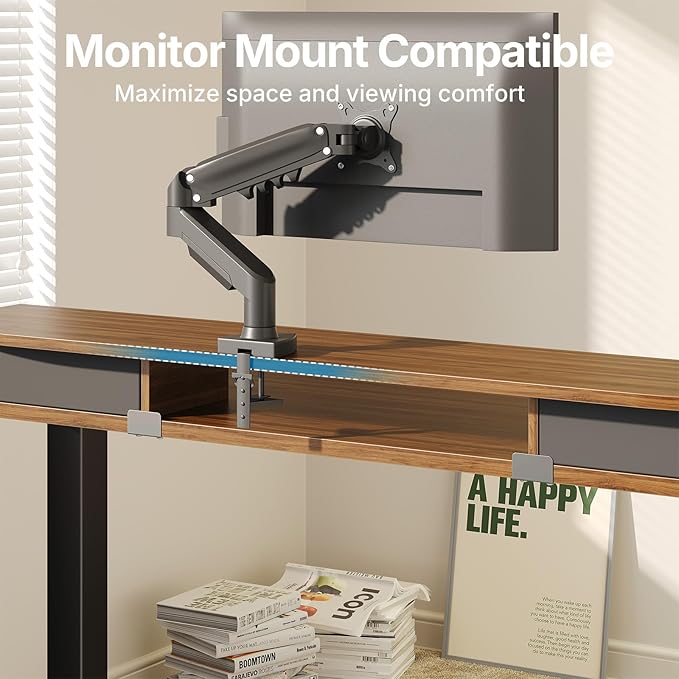 HUANUO 40 x 24 inch Small Electric Standing Desk with 2 Drawers, C-Clamp Mount Compatible, Height Adjustable Sit Stand Desk, Home Office Stand Up Desk with 4 Memory Height Settings, Walnut