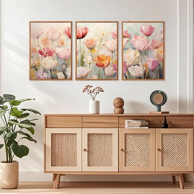 HPNIUB Large Nature Wildflowers Framed Wall Art Pink Floral Canvas Oil Painting Modern Aesthetic Wall Decor Abstract Flower Artwork for Living Room Bedroom Decor(Set of 3,12X16 Inch)