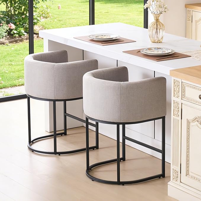 ClinQ 26" H Counter Height Bar Stools Set of 2, Modern Barrel Counter Stools with Backrest and Arms, Black Metal Frames, Linen Fabric Upholstered Accent Barstools for Kitchen Island, Light Grey