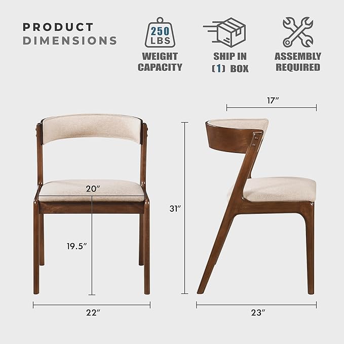 Lexicon Kitchen & Dining Room Chairs, Dining Chairs Set of 2, Fabric Upholstered Dining Chairs, Rubberwood Armless Dining Chairs with Curved Back, Modern Dining Chair, Easy Assembly, Walnut