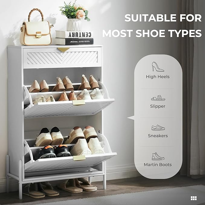 Shoe Cabinet Storage with 2 Flip Drawers, Narrow Hidden Shoes Organizer Cabinet for Entryway, Freestanding Slim Shoe Rack Front Door Entrance(White)