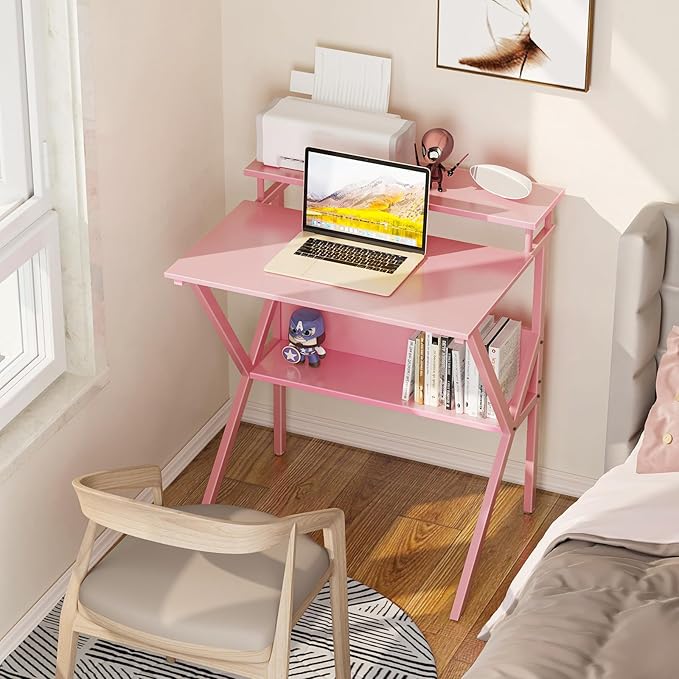 ODK Small Desk, 27.5 Inch Computer Desk for Small Spaces, Study Desk with Storage & Monitor Stand, Pink