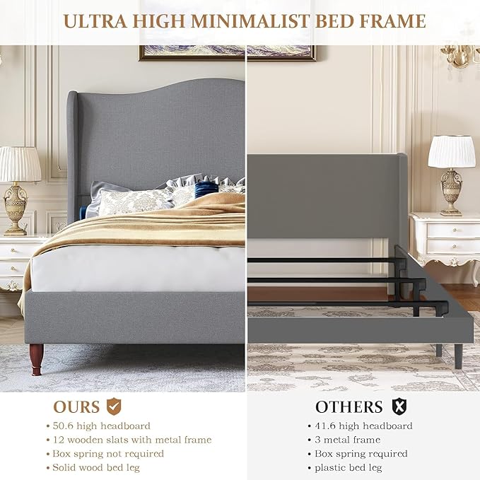 koorlian King Size Bed Frame Upholstered Platform Bed with 51" Tall Headboard Wingback, Soft Fabric, Retro Simple Style Platform Bed No Box Spring Needed, Easy Assembly, Grey