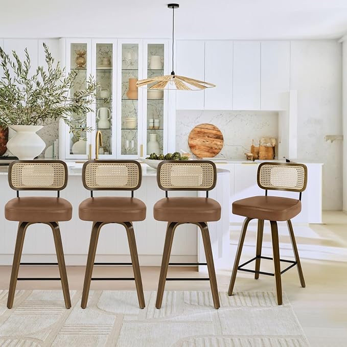 Bekrvio Swivel Counter Height Bar Stools Set of 4, Upholstered Faux Leather Barstools with Rattan Back, 26" Seat Height Bar Chairs for Kitchen Island, Bentwood Wood Frame, Brown