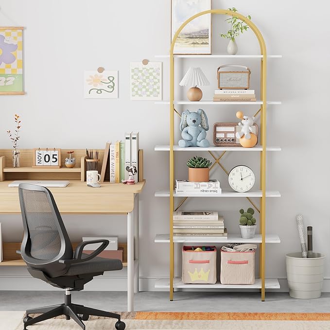 Arbuxzuy 6 Tier Bookshelf, 83" Tall Arched Bookcase, Tall Book Shelf with Metal Frame, Modern Display Standing Shelf for Living Room, Home Office, Bedroom, Gold