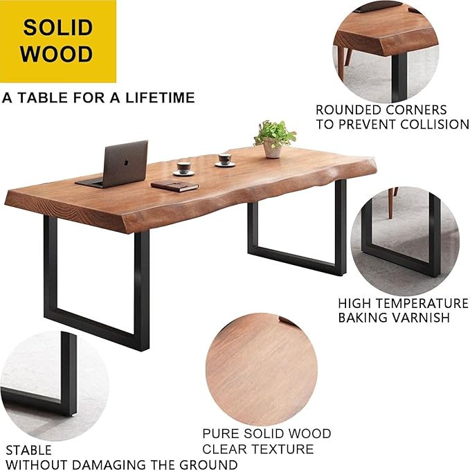 Stylish Solid Wood Office Desk with Sturdy Metal Base - Durable Multi-Size Executive Computer & Dining Table - Perfect for Home Office & Work Environments (Brown, 63 in)