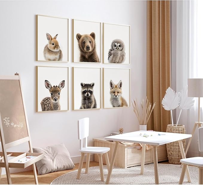 Nursery Animal Wall Art Pictures Baby Safari Canvas Wall Decor Jungle Woodland Wall Art Cute Animal Prints Paintings Nursery Kids Posters for Boys Girls Room Bedroom 8x10 Inch Unframed Set of 6