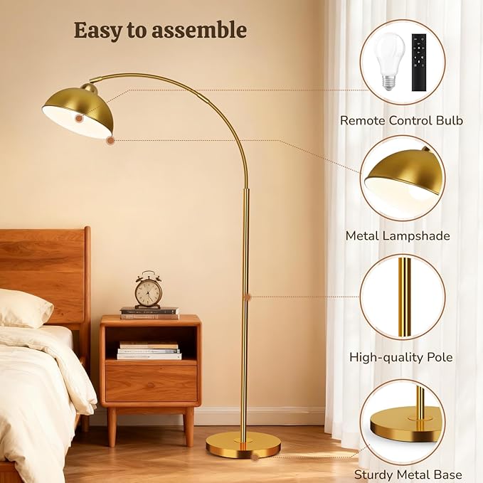 Arc Floor Lamps for Living Room, 72" Modern Tall Lamp with Remote Control and Stepless Dimmable 9W LED Bulb, Over Couch Arched Reading Lamp for Bedroom, Office(Gold)