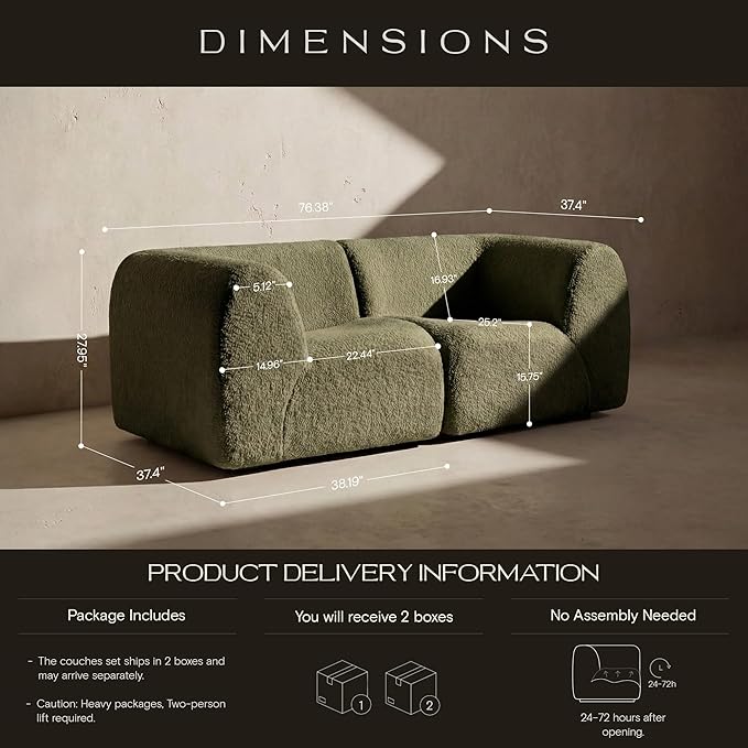 Curved Single Sofa Corner Chair, 38" Boneless Sherpa Couch, Comfy Teddy sofas for Small Spaces, Modern Sectional Modular Couches for Living Room, Bedroom, Apartment, Dorm, Office– No Assembly, Green
