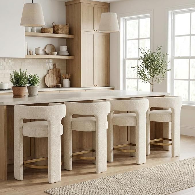 Jofran Gwen Natural Upholstered Counter Stool with Arms – Versatile Barstools – Stylish Seating for Kitchen Dining Room or Home Bar, Natural, Modern Counter Stools, Set of 4