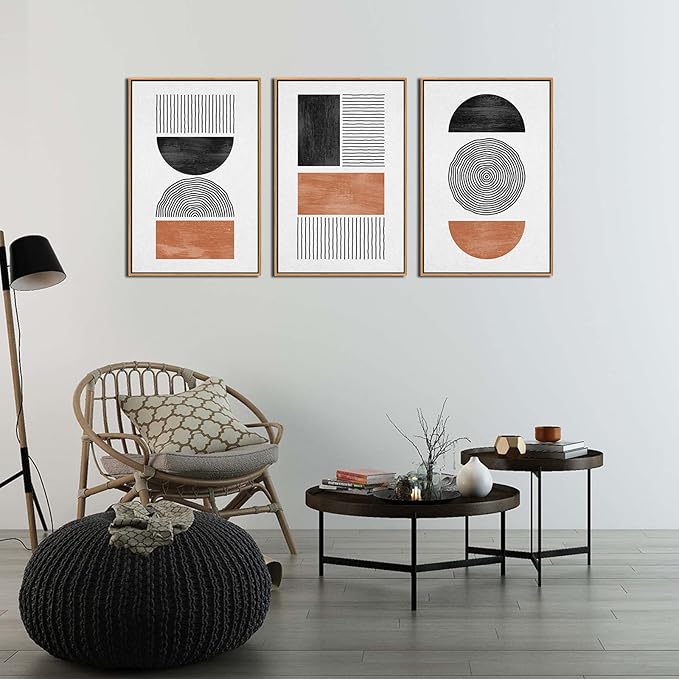 Framed Wall Art Canvas Set Mid Century Boho Pictures Modern Geometric Wall Decor Minimalist Black Brown Bohemian Abstract Painting Artwork for Living Room Bedroom Office 16"x24"x3 Natural