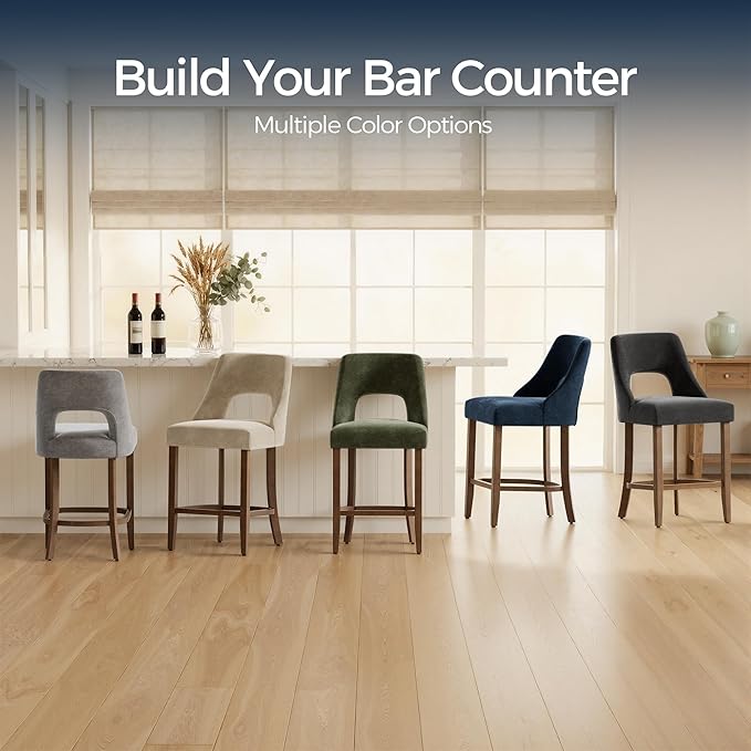 UVV Bar Stools Set of 6, Upholstered Counter Height Bar Stools, Modern Counter Stools with Wood Legs for Kitchen Island Dining Room Bar, Navy Blue
