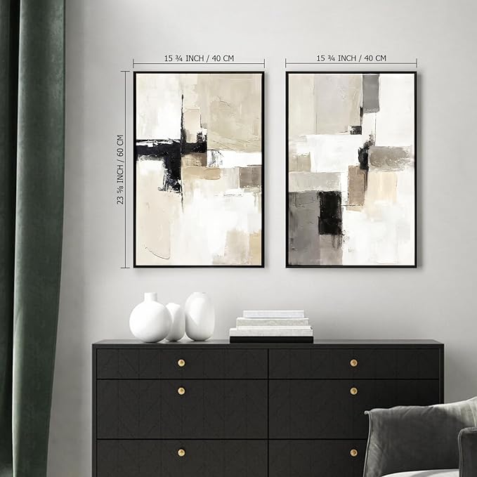 Set of 2 Modern Neutral Abstract Wall Art – Framed Beige, Gray, and Black Canvas Paintings for Living Room, Bedroom, or Office Décor – 16x24 Inches Each