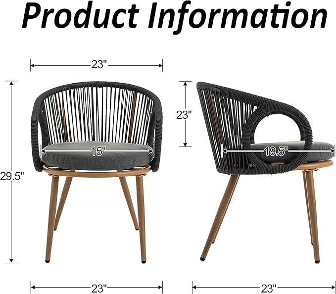 Modern Outdoor Dining Chair Set of 2 with Cushion, Scandinavian Rope Woven Patio Armchairs, Wood-Look Metal Frame, Weather-Resistant Balcony Backyard Dining Seating, Dark Grey