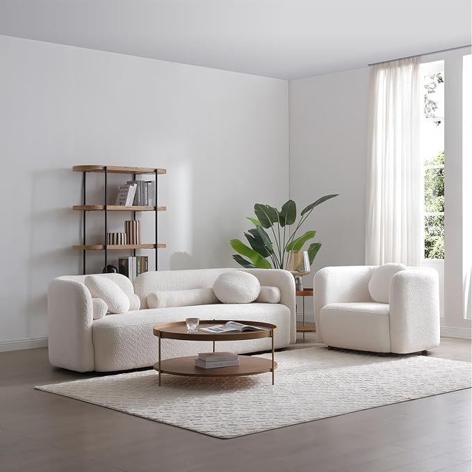 Curved Sofa Set for Living Room, 3-Seater Upholstered Boucle Fabric Modern Sofa Set of 2 Piece Couch Set Rectangular Sofa with Oversized Single Sofa Chair Modern Sofa Set Home Bedroom Office White