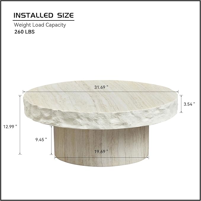 31.69" Round Coffee Table with Round Pedestal, Fiberglass Faux Marble Tabletop for Living Room, Modern Circle Center Table Tea Table for Apartment, Office, Beige Mars Pattern