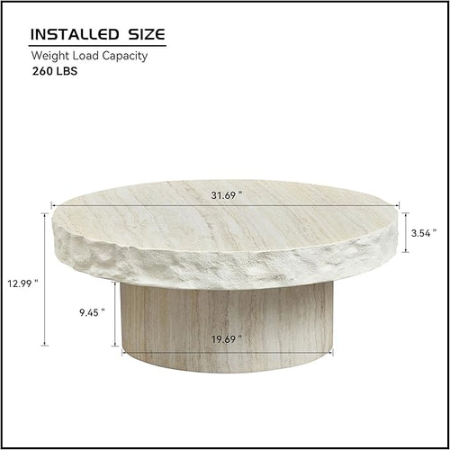 31.69" Round Coffee Table with Round Pedestal, Fiberglass Faux Marble Tabletop for Living Room, Modern Circle Center Table Tea Table for Apartment, Office, Beige Mars Pattern