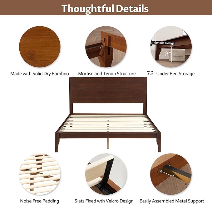 Merax King Size Bamboo Platform Bed, Mid-Century Modern Bed Frame with Tall Headboard, Solid Sustainable Bedframe King-Size, Wood Slat Support, No Box Spring Needed, Easy Assembly, Espresso