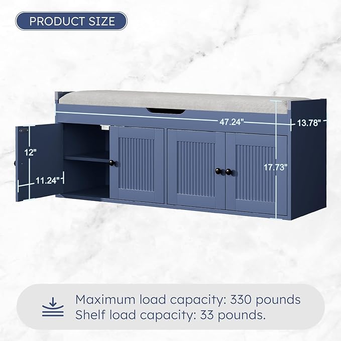47.2" Storage Bench - Entryway Shoe Bench with 4 Doors and Top Storage Area, Multifunctional Entryway Bench with Lift Top Cushion, Shoe Storage Bench for Bedroom, Living Room, Blue