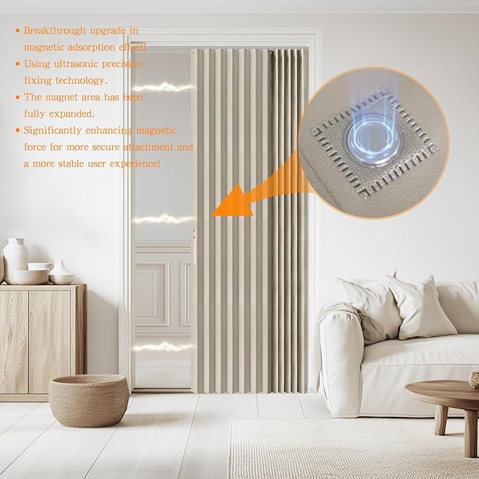 Jilron Accordian Door Curtain, 100% Blackout Folding Magnetic Doorway Curtains,Linen Style Closet Doors,for Room Divider,Privacy Protection（W52 x L78,Off White,1 Panel）