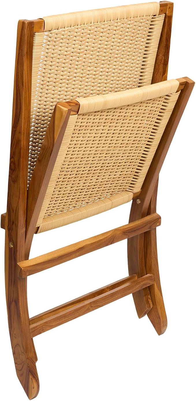 TeakCraft Teak Rattan Lounge Chair – Foldable, Handcrafted Solid Wood Accent Chair with Woven Seat – Mid-Century Modern Recliner for Indoor & Outdoor Use, The Ediz