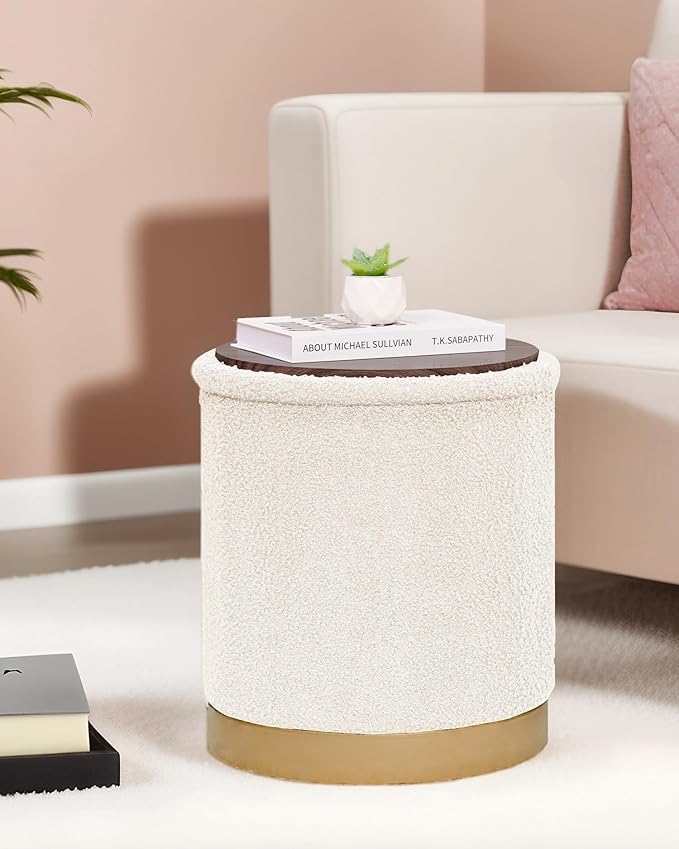 B FSOBEIIALEO Ottoman with Stroage, Round Boucle Storage Ottoman with Gold Plating Base,Foot Rest Stool for Dorm Room, Living Room White, 14.76"x14.76"x16.34"