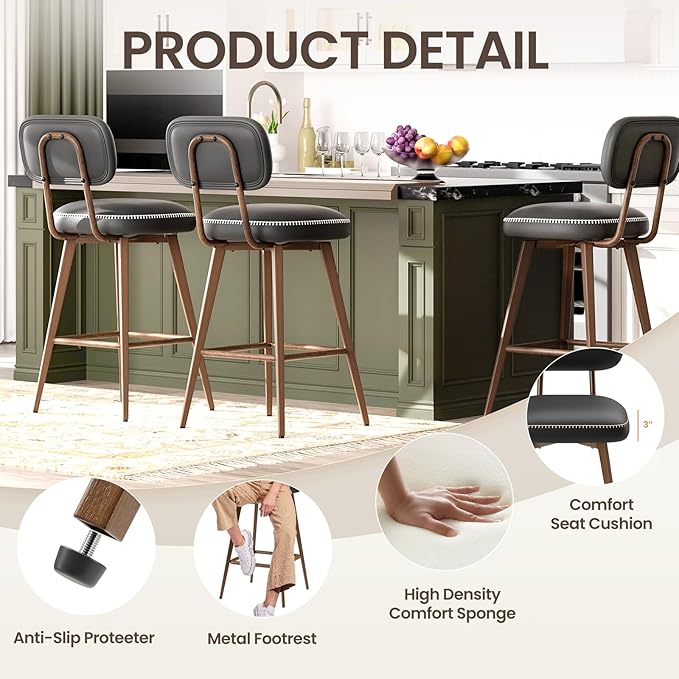 MALOL 26“ Swivel Bar Stools Set of 3, Mid Century PU Leather Counter Height Bar Chairs with Low Back and Metal Legs, Modern Bar Stool Chair for Kitchen Island, Black