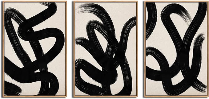 arteWOODS Framed Wall Art Canvas Abstract Lines Pictures Modern Mid Century Boho Wall Decor Minimalist Abstract Black Stroke Lines Painting Artwork Living Room Bedroom Home Office Natural 16"x24"x3pc