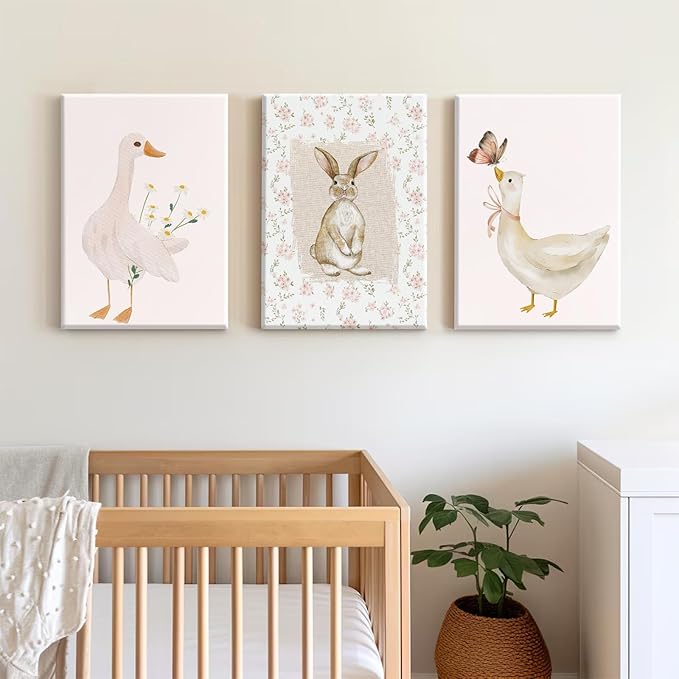 Vintage Nursery Wall Art Goose Canvas Poster Coquette Wall Decor Baby Girl Painting Kids Poster Bunny Rabbit Prints Cute Animal Pictures Duck Artwork for Bedroom Living Room 16x24x3 Inch Ready to Hang