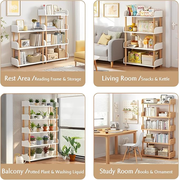 OSCHF 4-Tier Wooden Open Bookcase - Modern Display Bookshelf with Top Edge and Solid Wood Frame for Home and Office, Storage Cabinet, Warm White