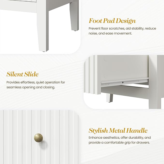 RoyalCraft White Fluted 4 Drawer Dresser Set of 2 for Bedroom, Modern Chest of Drawers, Wood Dresser for Storage Clothes, Wooden Storage Cabinet Nightstand for Bedroom, Hallway, Living Room, Entryway