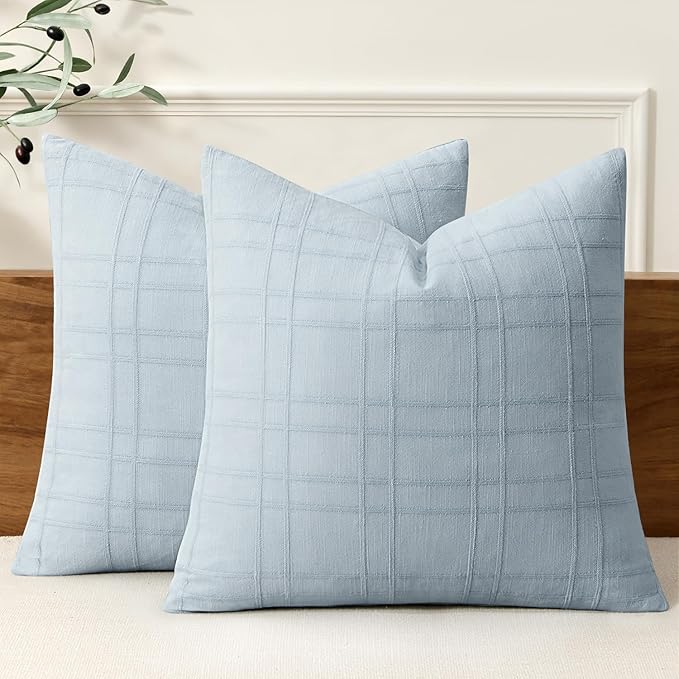 MIULEE Decorative Linen Check Euro Shams Throw Pillow Covers Neutral Farmhouse Vintage Pillow Covers 26x26 Set of 2 Boho Modern Home Decor for Sofa Couch Bedroom Cushion Coastal Blue