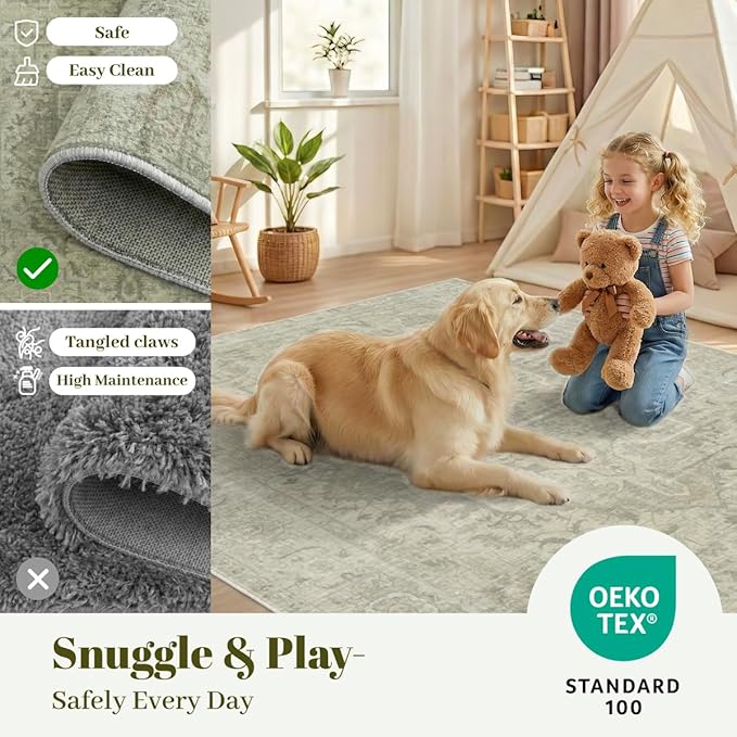 Homemate Washable Rug 8x10 Area Rugs - Vintage Faux Wool Rugs for Living Room Bedroom Dining Room - Non Slip Foldable Carpet Indoor Area Rug for Home Decor（8'x10', Green