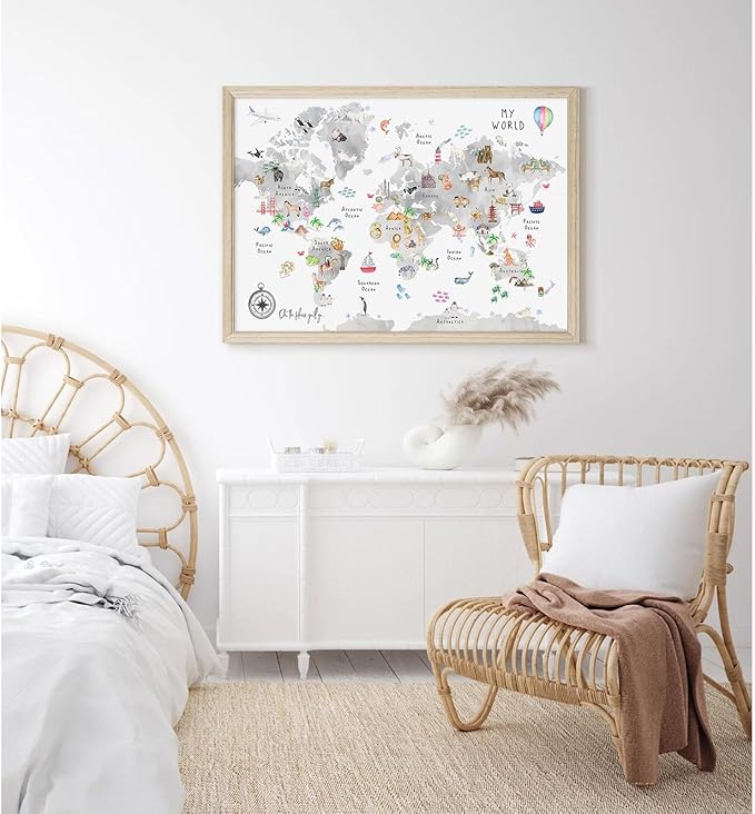 Joocrise Grey Kids World Map Wall Art Animal Map Canvas Wall Art Nursery Wall Decor World Map Poster Childrens Room Decor Playroom Prints Educational Artwork 16x24 Inch Wood Frame