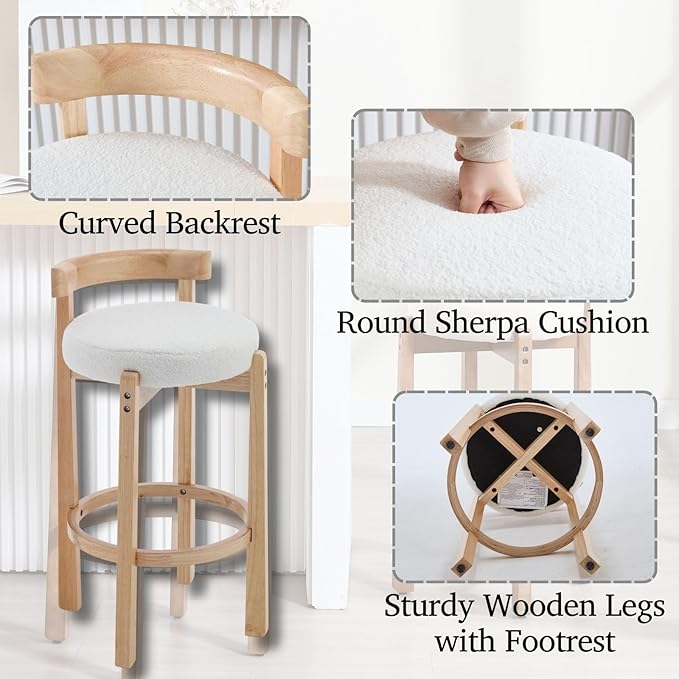 LukeAlon Mid Century Sherpa Bar Stools Set of 4, 30.25" Seat Height Upholstered Barstools with Wood Legs Modern Tall Bar Chair with Curved Low Back Round Footrest for Pub Home Kitchen Island, White