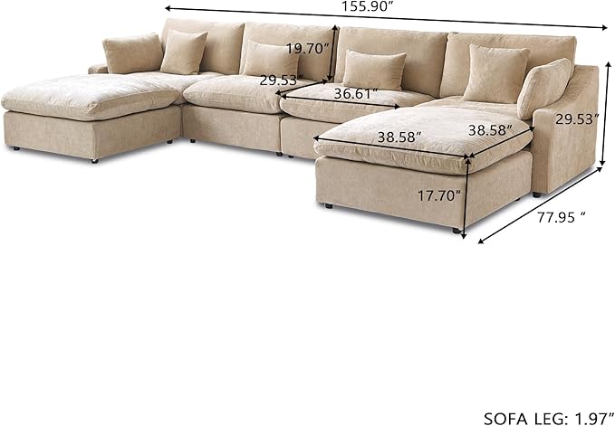Khaki Modular Sectional Sofa Cloud Couch, 155.9" Oversized U Shaped Couch with Chaise Ottomans, Minimalist Deep Seat Sectional Couches for Living Room, Khaki Sofa Covers Washable&Removable