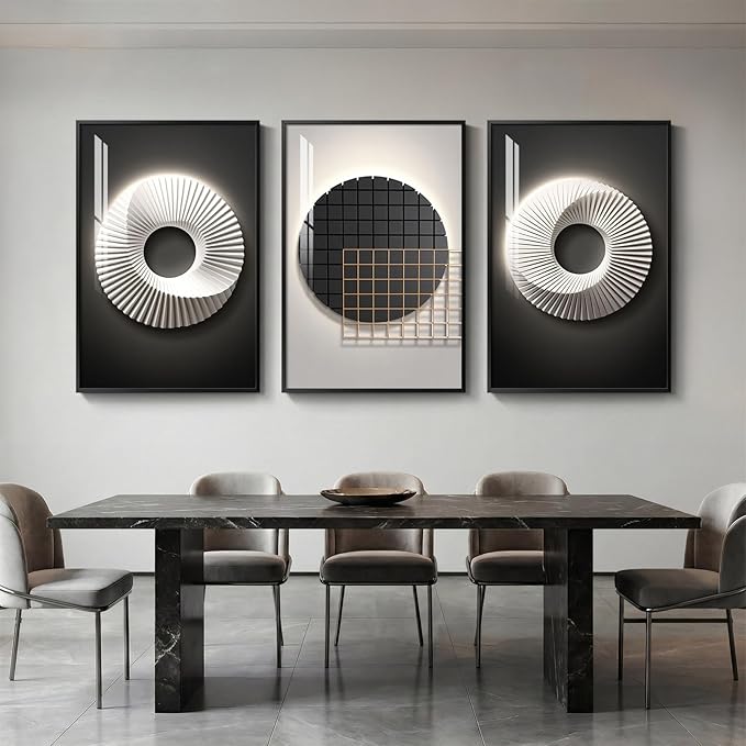 Framed Large Modern Black and White Wall Art for Living Room, 3 Piece Abstract Bright Style Picture Artwork Decor, Minimalist Geometric Painting Prints for Dining Room Hallway Office 24x36 Inch