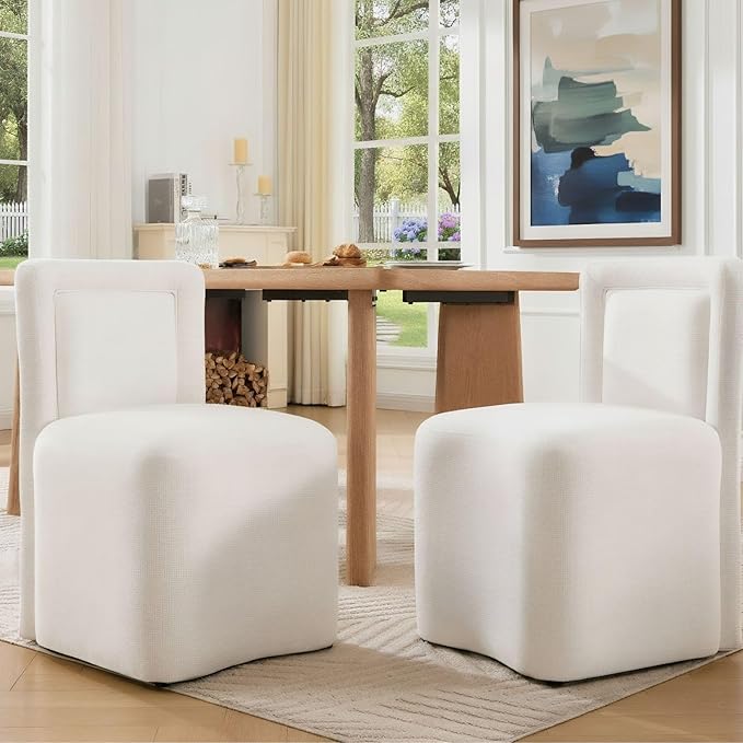 Hyfirm Upholstered Dining Chairs No Assembly, Set of 4 Modern Parsons Armless Kitchen Chairs with Padded Seat Cushion, Ready-to-Use White Linen Accent Side Chair for Diningroom Living Room Bedroom