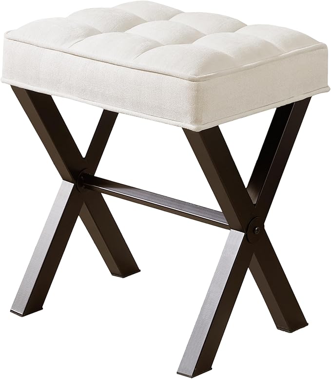 Royal Windsor Vanity Stool,Square Ottoman Stool Foot Rest,Upholstered Vanity Chair Foot Stool with Metal X Legs, Small Vanity seat for Entryway,Bedroom and Living Room,Linen White