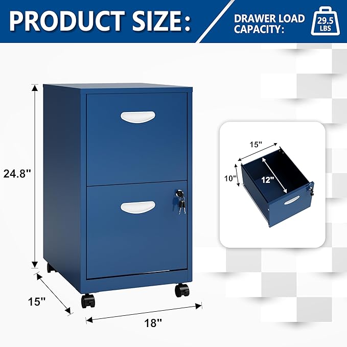 Polup 2 Drawer File Cabinet with Lock, Small Rolling Filing Cabinet for Home Office, Metal Mobile File Cabinets on Wheels, Blue Office Cabinets for Letter Size Folders - Assembly Required