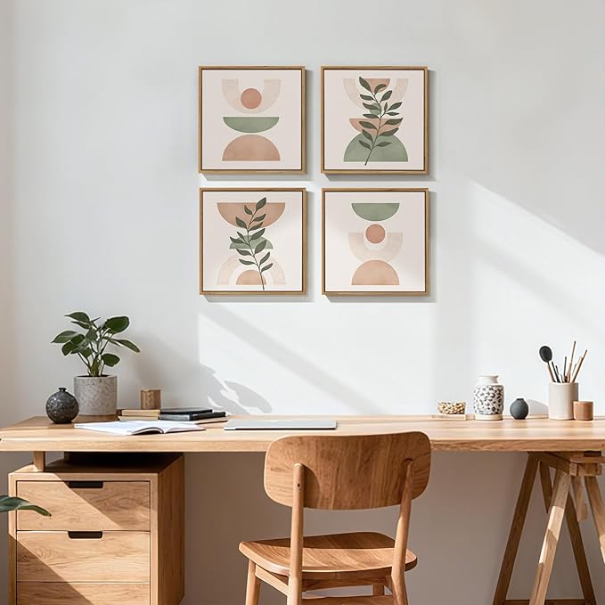 Framed Boho Abstract Wall Art, 4 Piece Pink Green Botanical Plant Modern Pictures Decor, Minimalist Farmhouse Geometric Mid Century Painting Prints for Bathroom Living Room Bedroom 12x12 Inch
