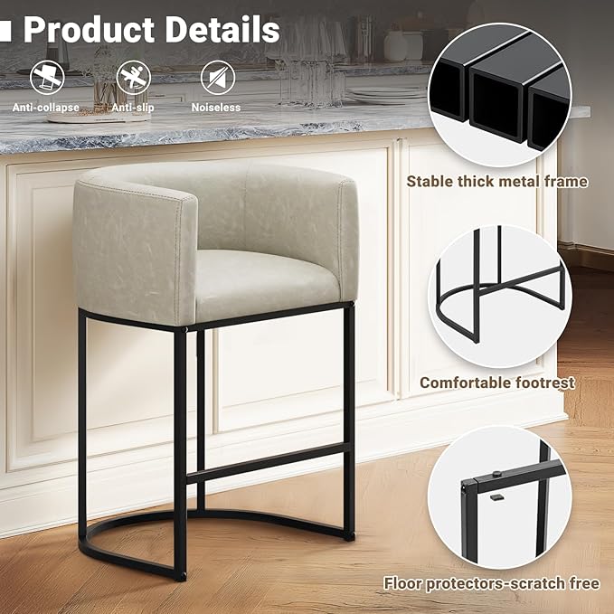 26" H Counter Height Bar Stools Set of 2, Modern Barrel Counter Stools with Backrest and Arms, Faux Leather Upholstered Accent Barstools for Kitchen Island,Support 450 LBS (Grayish White)