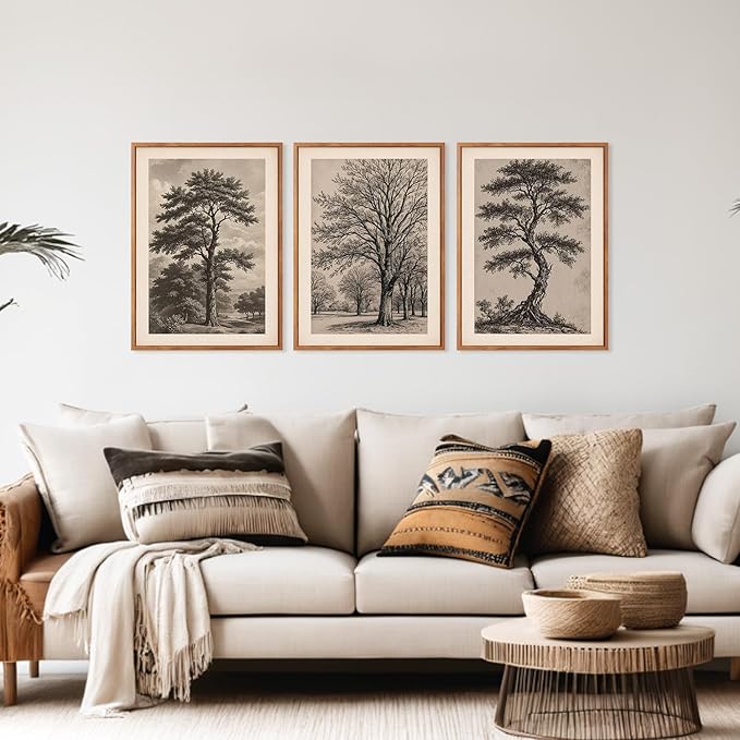 HPINUB Vintage Sketch Tree Framed Canvas Wall Art Set,Modern Nature Botanical Wall Decor, Antique Wilderness Tree Artwork,Minimalist Neutral Art Prints for Living Room,Bedroom(Set of 3,12X16 Inch)