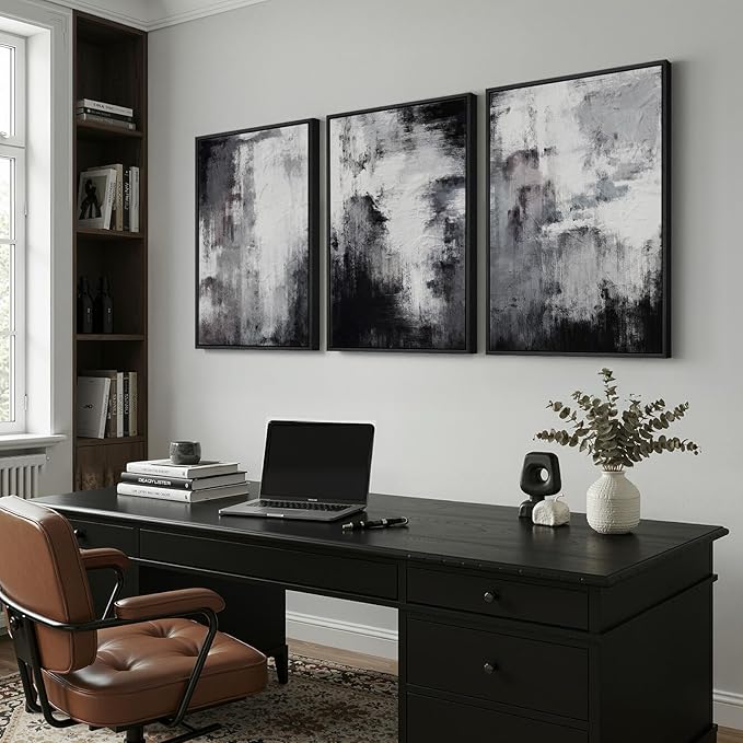 Large Framed Abstract Black and White 3 Piece Wall Art for Living Room, Modern Minimalist Grey Neutral Canvas Artwork for Walls, Contemporary Painting Print Wall Decor for Bedroom Office, 24x36 Inch